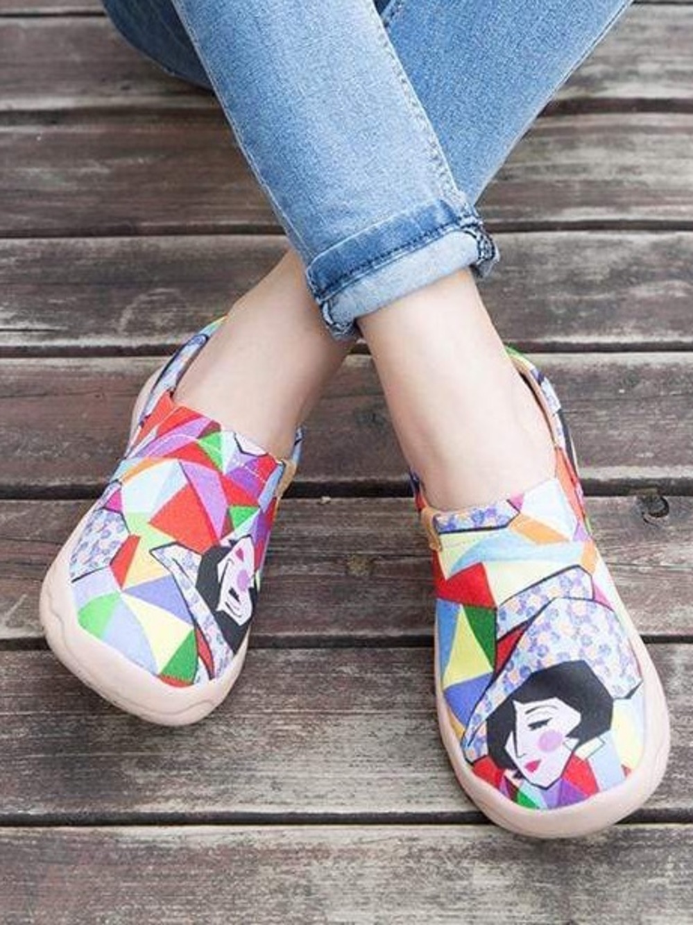 UIN Rainbow Girl Canvas Slip-On Mules Artsy Color Block Wom 9